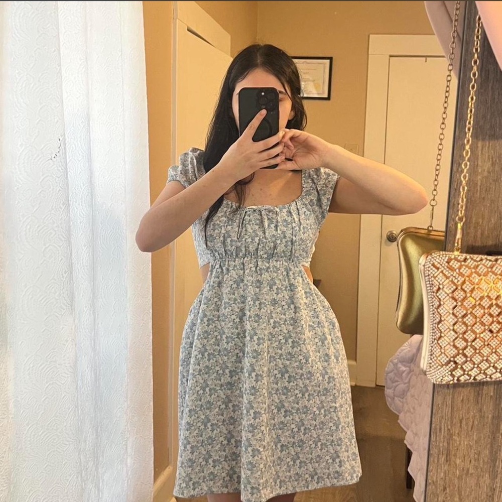 Floral Square-Neck Midi Dress in Light Blue